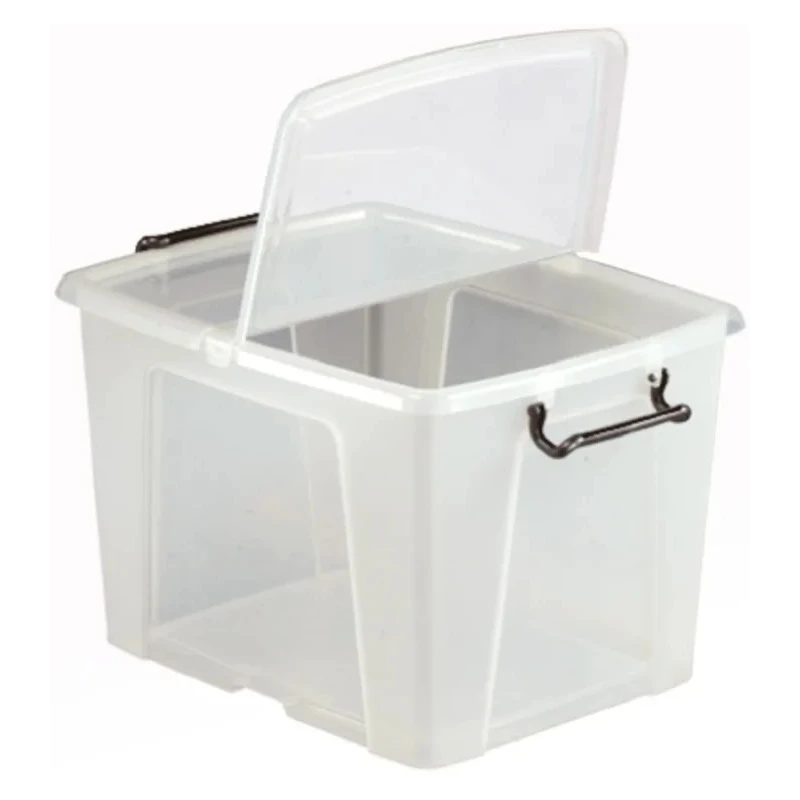 RS PRO 40L Transparent Polymer Storage Box with Hinged Lid, Lockable, Ventilated, Stackable, 320mm x 395mm x 500mm 825-2329