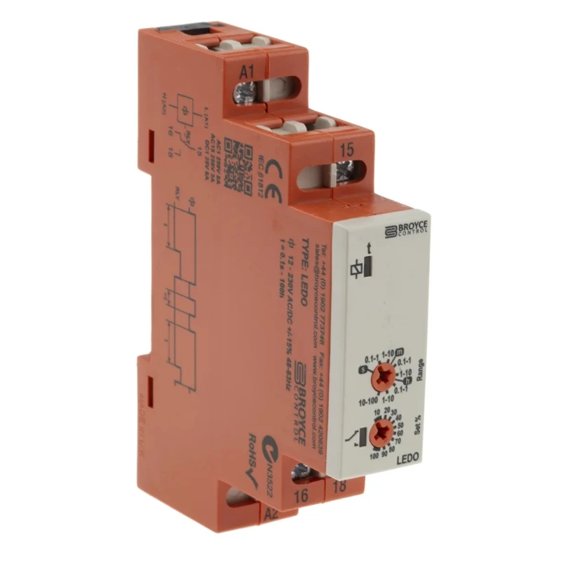 Broyce Control LEDO Series DIN Rail Timer Relay, 1-Contact, 230 V dc 12V ac, 230 V ac, 0.1 s to 100 h LEDO 12-230V AC/DC