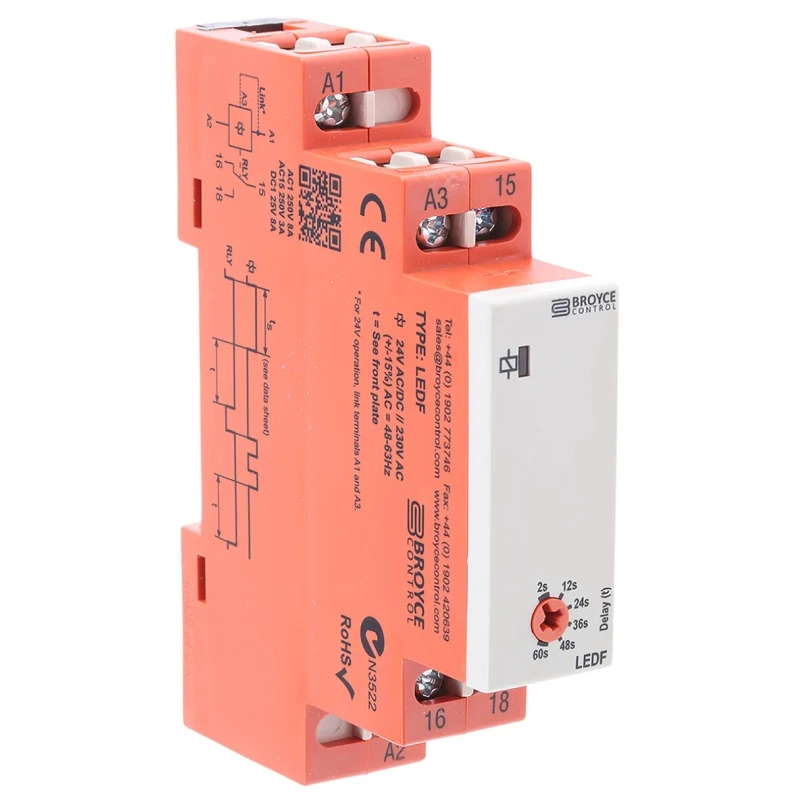 Broyce Control LEDF Series DIN Rail Timer Relay, 1-Contact, 24 V dc 230 V ac, 24 V ac, 2 to LEDF 24VAC/DC/230VAC. 2-60 Sec