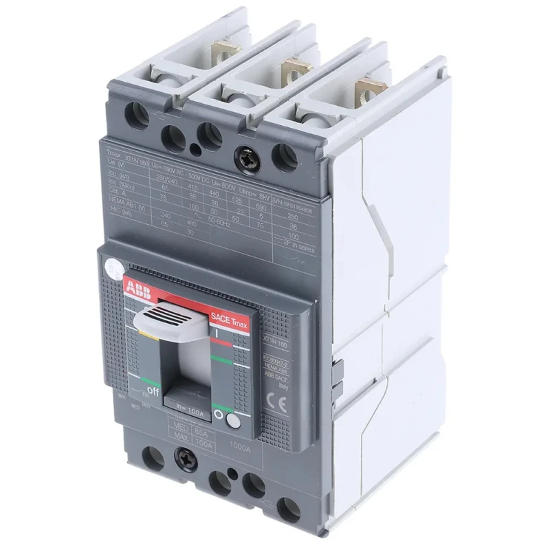 ABB Tmax XT Molded Case Circuit Breaker 3-Pole 100A 690V AC 500V DC Breaking Capacity 36kA Thermal Magnetic Tripping XT1N