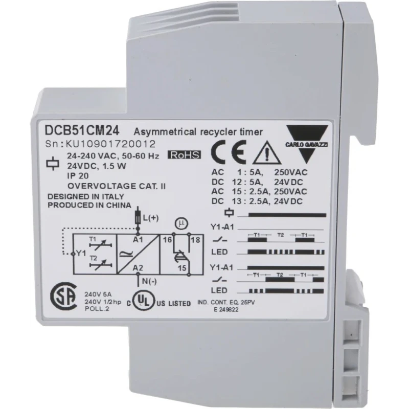 Carlo Gavazzi DCB51 Series DIN Rail Timer Relay, 2-Contact, 12 to 240 V DC/12 V AC, 240 V AC, 0.1 s to 100 h DCB51