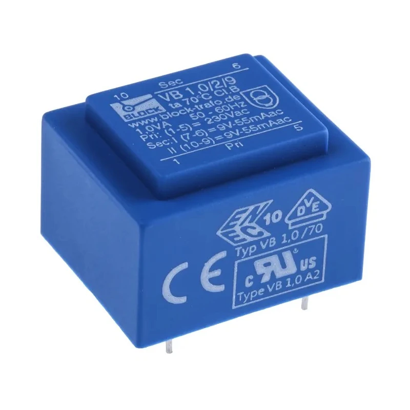 Block Through Hole PCB Transformer Dual Secondary 9 V ac 2 Output 230 V ac Primary 1 VA VB 1.0/2/9