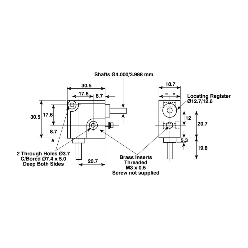 Huco Type L Gearbox with 1:1 Gear Ratio, 0.68 Nm Maximum Torque, 4mm Shaft Diameter, 30.5mm Length 332.31.2