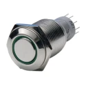 Bulgin Illuminated Push Button Switch Panel Mount DPDT Latching Silver Actuator Green LED 16.2 mm Cutout MP0045