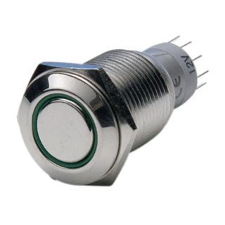 Bulgin Illuminated Push Button Switch Panel Mount DPDT Latching Silver Actuator Green LED 16.2 mm Cutout MP0045