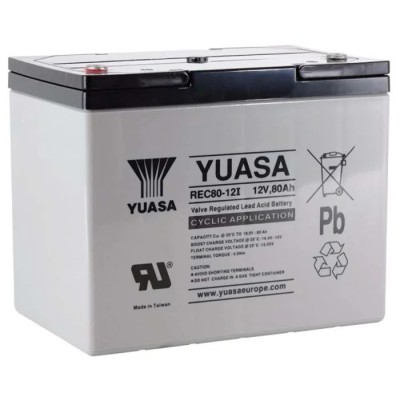 Yuasa 12 V Sealed Lead Acid Battery, 80 Ah, AGM Construction, ABS Case, 168mm x 212.5mm REC80-12