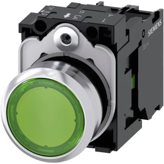 Siemens SIRIUS ACT 3SU11 Series Illuminated Push Button Complete Unit, Panel Mount, 22 mm Cutout, Green 3SU1152-0AB40-1BA0