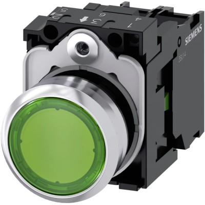 Siemens SIRIUS ACT 3SU11 Series Illuminated Push Button Complete Unit, Panel Mount, 22 mm Cutout, Green 3SU1152-0AB40-1BA0