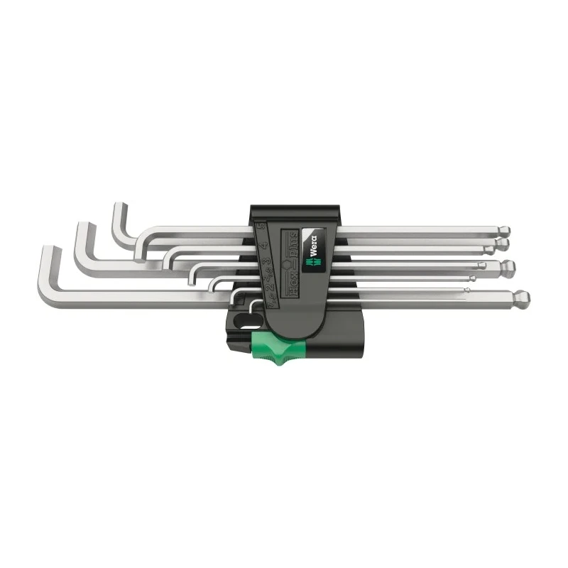 Wera 9 piece L Metric Hex Key Set, Hex Size 1.5 to 10 mm, Chrome-Plated, Hex Ball End, DIN 912 05073594001