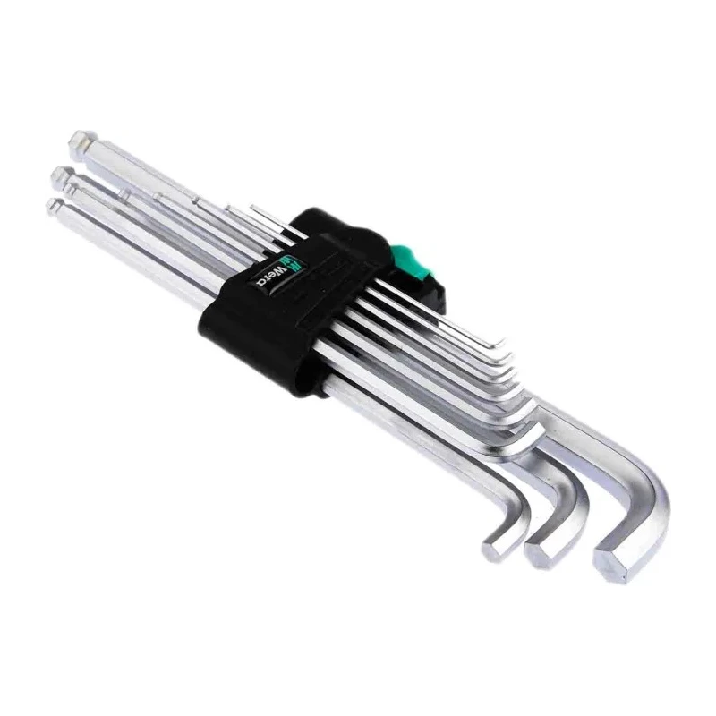 Wera 9 piece L Metric Hex Key Set, Hex Size 1.5 to 10 mm, Chrome-Plated, Hex Ball End, DIN 912 05073594001