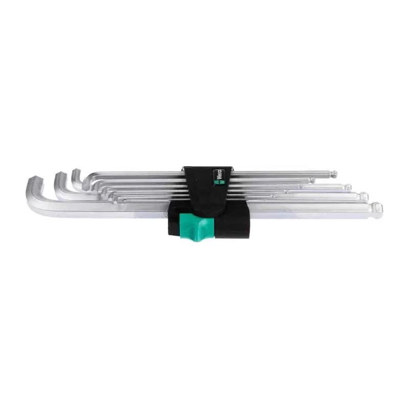 Wera 9 piece L Metric Hex Key Set, Hex Size 1.5 to 10 mm, Chrome-Plated, Hex Ball End, DIN 912 05073594001