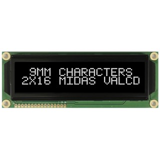 Midas MC21609A12W-VNMLW Alphanumeric LED LCD Monochrome Display White on Black 2 x 16 MC21609A12W-VNMLW