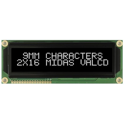 Midas MC21609A12W-VNMLW Alphanumeric LED LCD Monochrome Display White on Black 2 x 16 MC21609A12W-VNMLW