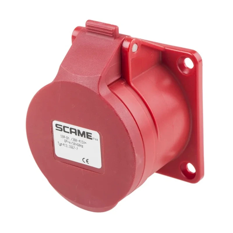 Scame Panel Mount Industrial Power Connector 16A 415V IP44 Red 6P+PE Screw Terminal Optima 