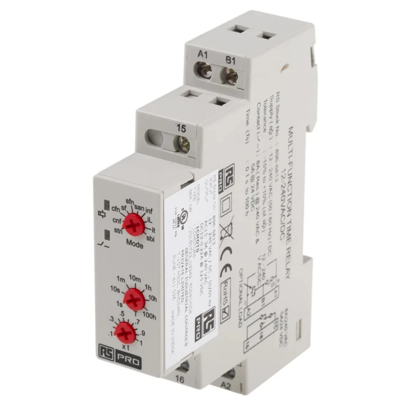 RS PRO DIN Rail Timer Relay, 1-Contact, Multifunction Timer, 240 V DC, 12 V AC & 240 V AC Supply, 0.1 Seconds to 896-6813