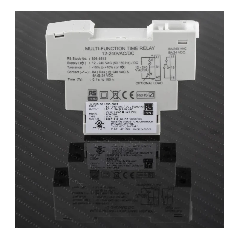 RS PRO DIN Rail Timer Relay, 1-Contact, Multifunction Timer, 240 V DC, 12 V AC & 240 V AC Supply, 0.1 Seconds to 896-6813