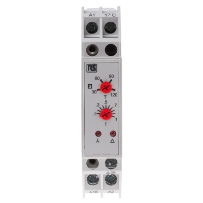RS PRO DIN Rail Timer Relay 2-Contact Multifunction SPST, 24 V dc 115V ac, 3 to 120 s Star-Delta Mode 896-6835