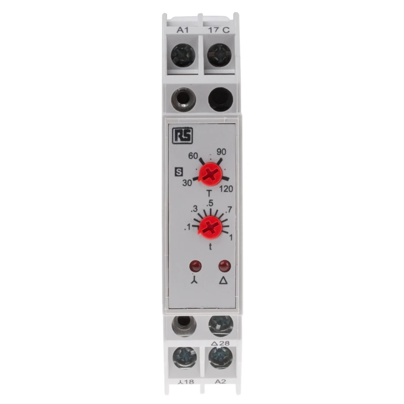 RS PRO DIN Rail Timer Relay 2-Contact Multifunction SPST, 24 V dc 115V ac, 3 to 120 s Star-Delta Mode 896-6835