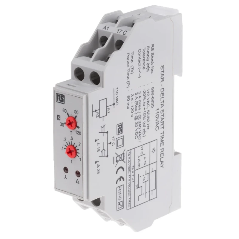 RS PRO DIN Rail Timer Relay 2-Contact Multifunction SPST, 24 V dc 115V ac, 3 to 120 s Star-Delta Mode 896-6835