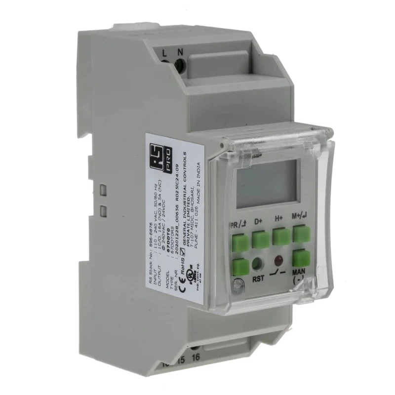 RS PRO Digital DIN Rail Time Switch 1 Channel 240V ac SPDT Contact 6-Year Battery Life 896-6876