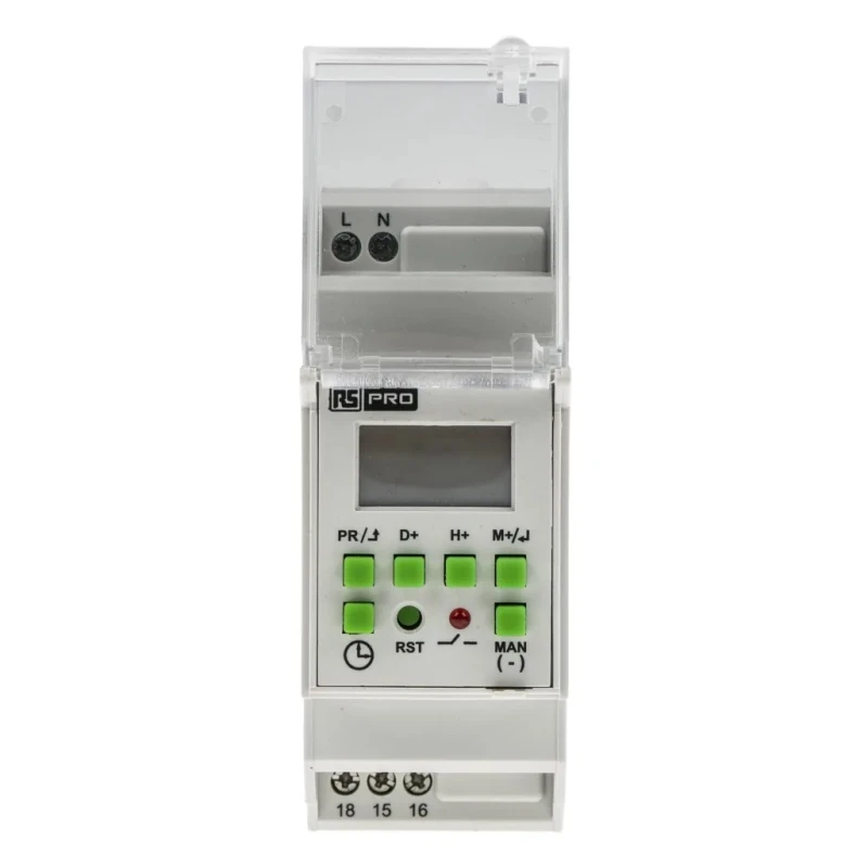 RS PRO Digital DIN Rail Time Switch 1 Channel 240V ac SPDT Contact 6-Year Battery Life 896-6876
