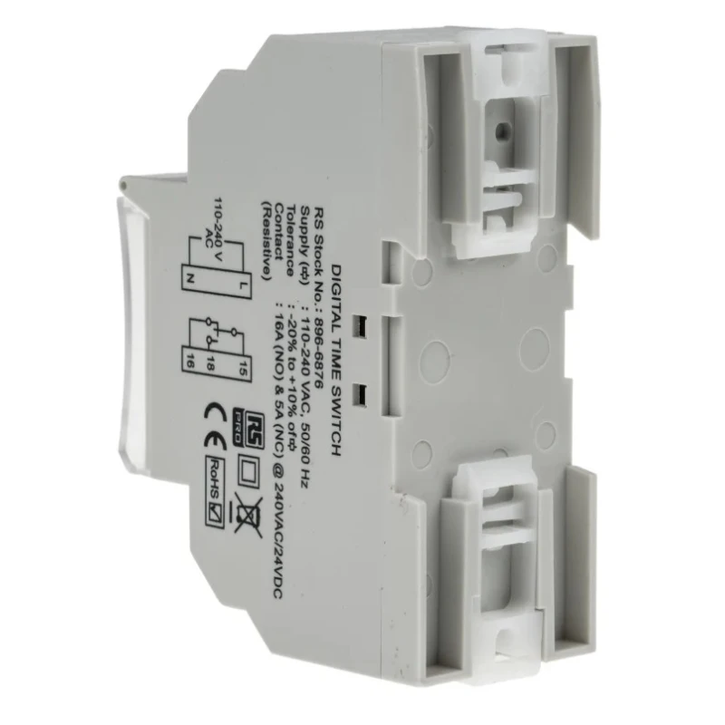 RS PRO Digital DIN Rail Time Switch 1 Channel 240V ac SPDT Contact 6-Year Battery Life 896-6876