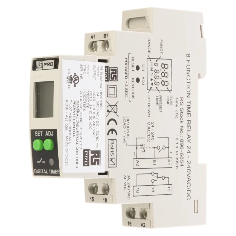 RS PRO DIN Rail Timer Relay, 1-Contact, 24 to 240 V DC/AC, 8A Contact Current, Multifunction SPDT, 0.1 s to 999 h 896-6854
