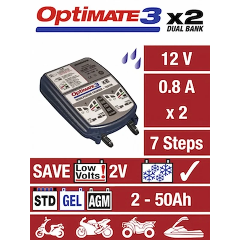 TecMate OptiMate 3x2 Fully Automatic 12V Lead Acid Battery Charger 800mA with UK Plug TM450BS