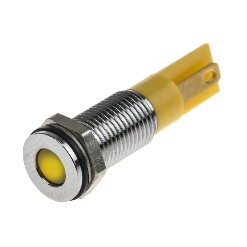 RS PRO Yellow Panel Mount Indicator 6V DC 20mA Flush Bezel Silver 21.6mm Length 913-2689