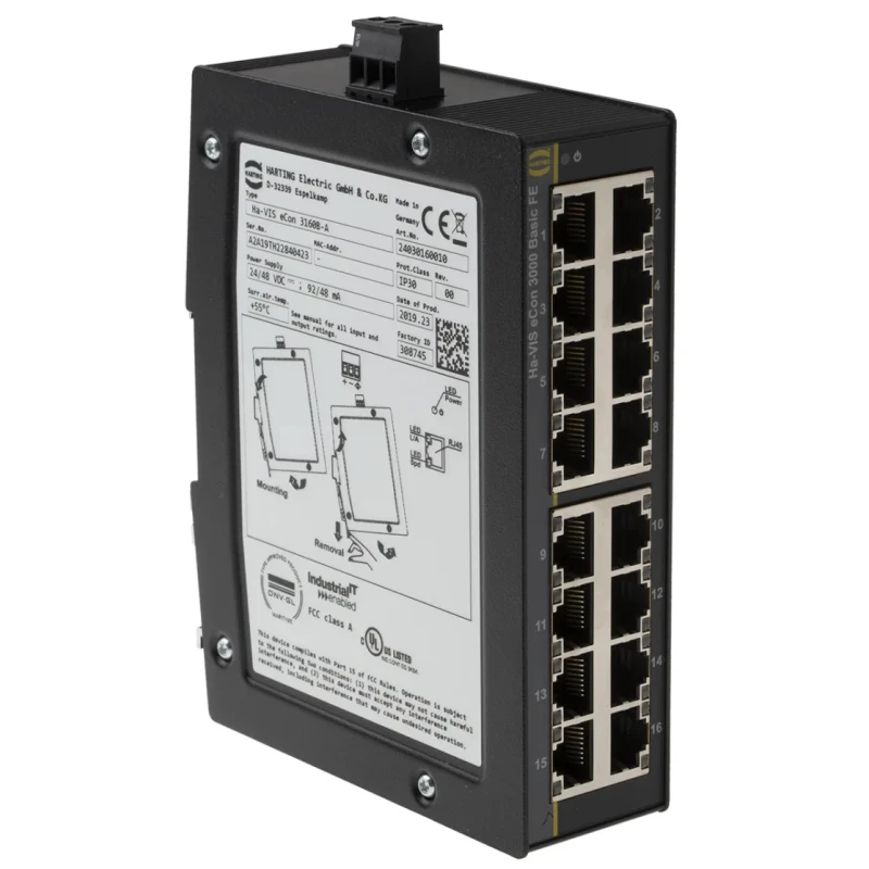 HARTING Unmanaged 16 Port Ethernet Switch 100 Mbps Network Speed 24-48V DC DIN-Rail Mount 24030160010