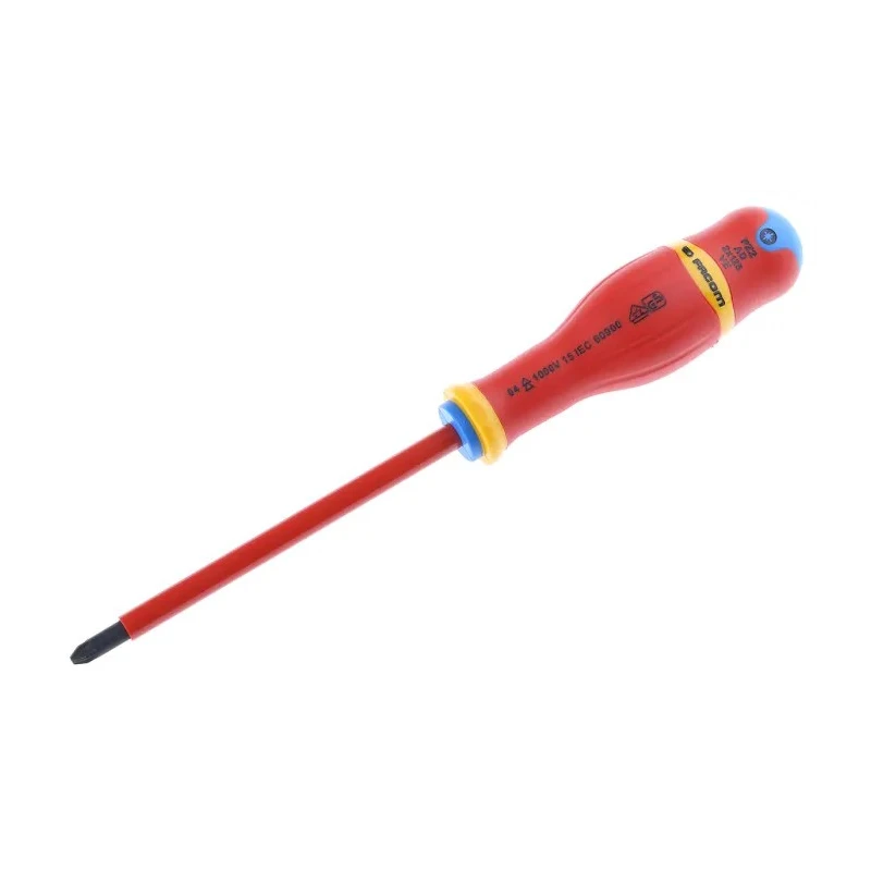 Facom Insulated Screwdriver PZ2 Tip 125 mm Blade, Bi-Material Handle, Silicon Carbide Steel Blade, VDE/1000V ATD2X125VE