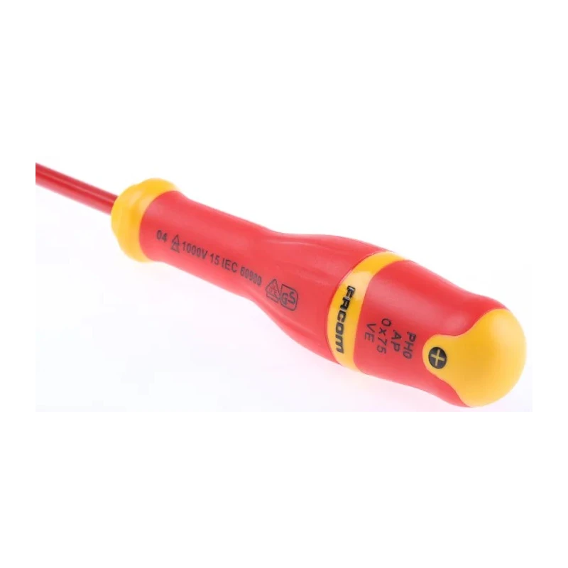 Facom Insulated Screwdriver PH0 Tip 75 mm Blade Bi-Material Handle Silicon Carbide Steel ATP0X75VE