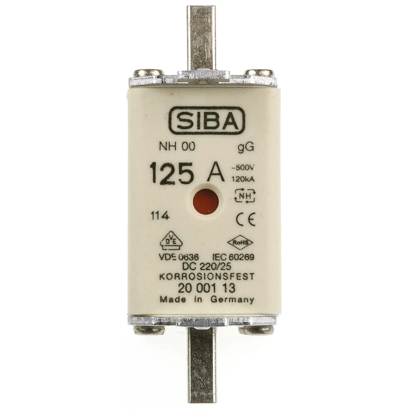 SIBA 125A NH Fuse NH00 500V AC Ceramic Time Current, Current Limiting NH Series NH00 Model 