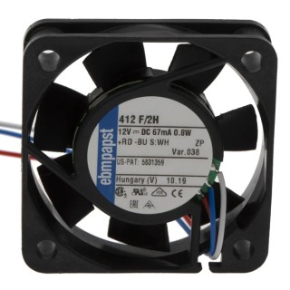 ebm-papst 400 F Series Ball Bearing DC Axial Fan, 12V DC, 9 m³/h Air Flow, 800 mW Power, Sleeve Bearing, 40 mm 412 F/2H-038