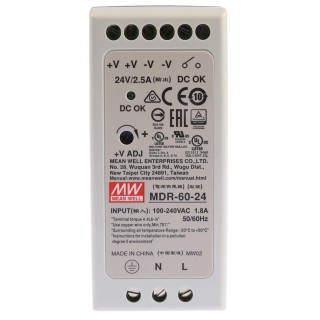 MEAN WELL MDR Series Switched Mode DIN Rail Power Supply 264V AC Input 30V DC, 2.5A Output 60W MDR-60-24