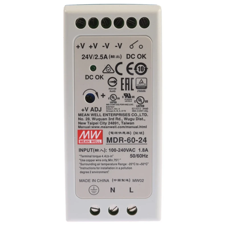 MEAN WELL MDR Series Switched Mode DIN Rail Power Supply 264V AC Input 30V DC, 2.5A Output 60W MDR-60-24