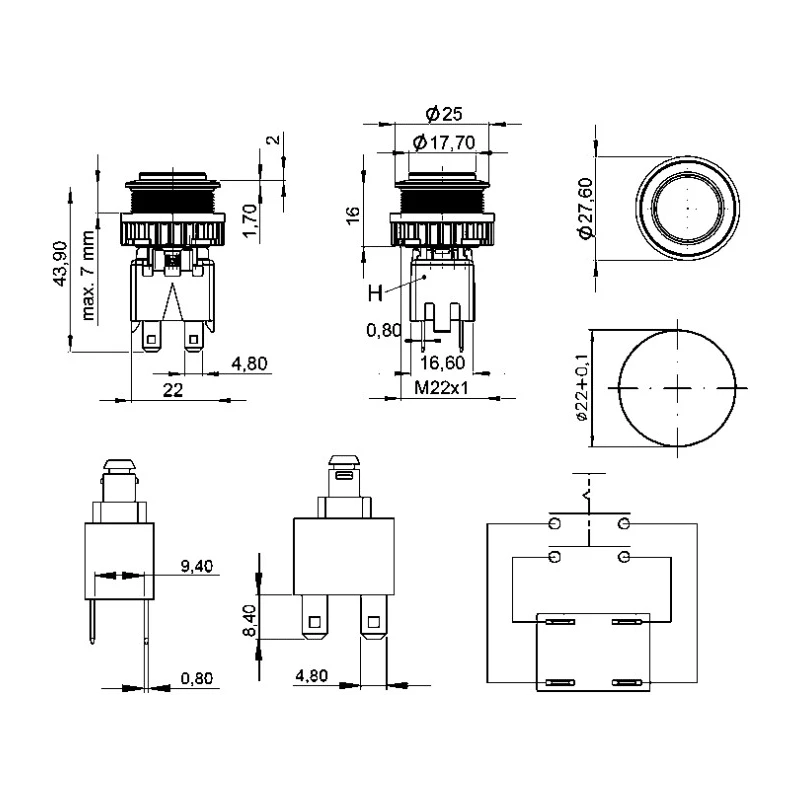Schurter MSM LA 22 Series Push Button Switch Latching Panel 22 mm Cutout DPDT RGB LED IP00 IP64 125 V dc 1241.6831.1120000