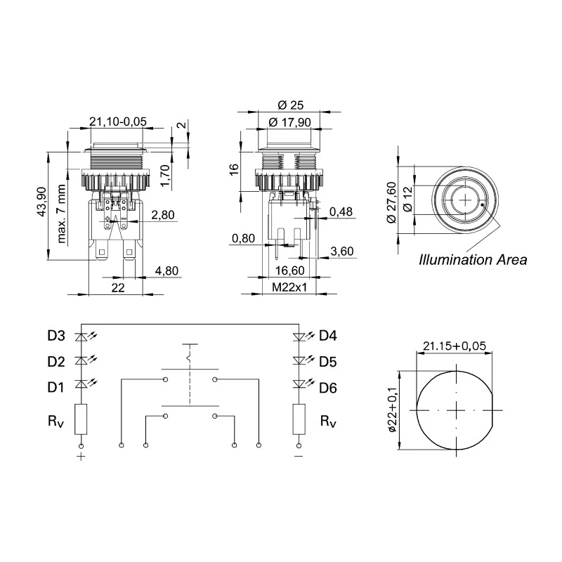 Schurter Illuminated Push Button Switch, Latching, Panel Mount, 22 mm Cutout, DPDT, Blue LED, IP40, 125 V 1241.6834.1124000