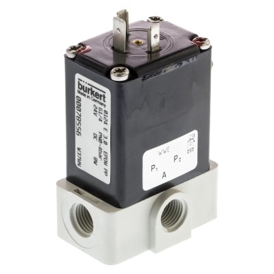 Burkert 3 Port NO/NC Polypropylene Solenoid Valve 24V DC G1/4 Threaded Ports 3mm Orifice 078556