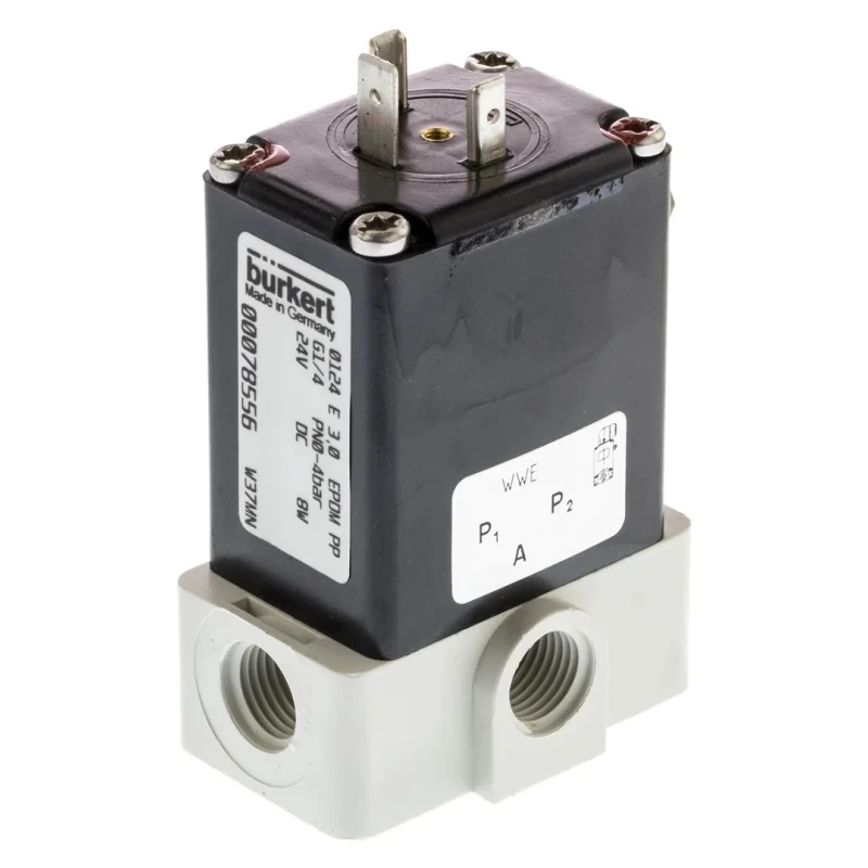 Burkert 3 Port NO/NC Polypropylene Solenoid Valve 24V DC G1/4 Threaded Ports 3mm Orifice 078556
