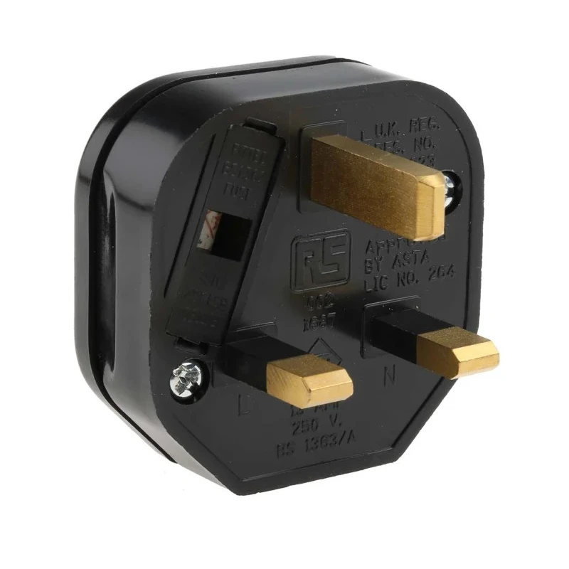 RS PRO 13A 250V UK Mains Plug Black Thermoplastic Clamp BS1363 Type G 2+E Male Connector 854-396