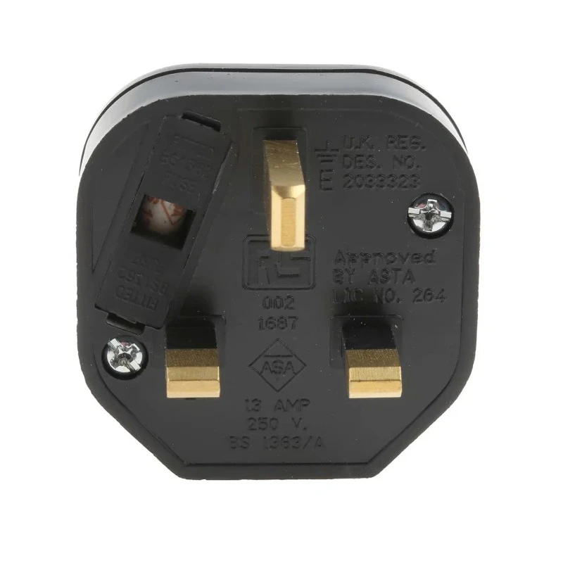 RS PRO 13A 250V UK Mains Plug Black Thermoplastic Clamp BS1363 Type G 2+E Male Connector 854-396