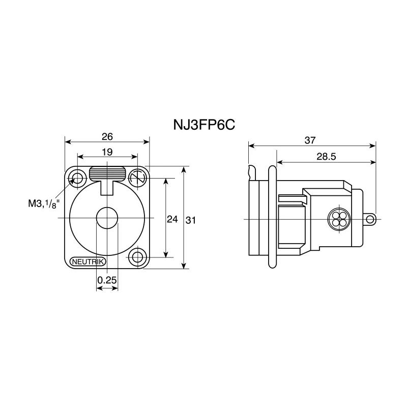 Neutrik 6.35 mm Panel Mount Female 3-Pole Stereo Jack Connector 50V 10A Solder NJ3FP6C