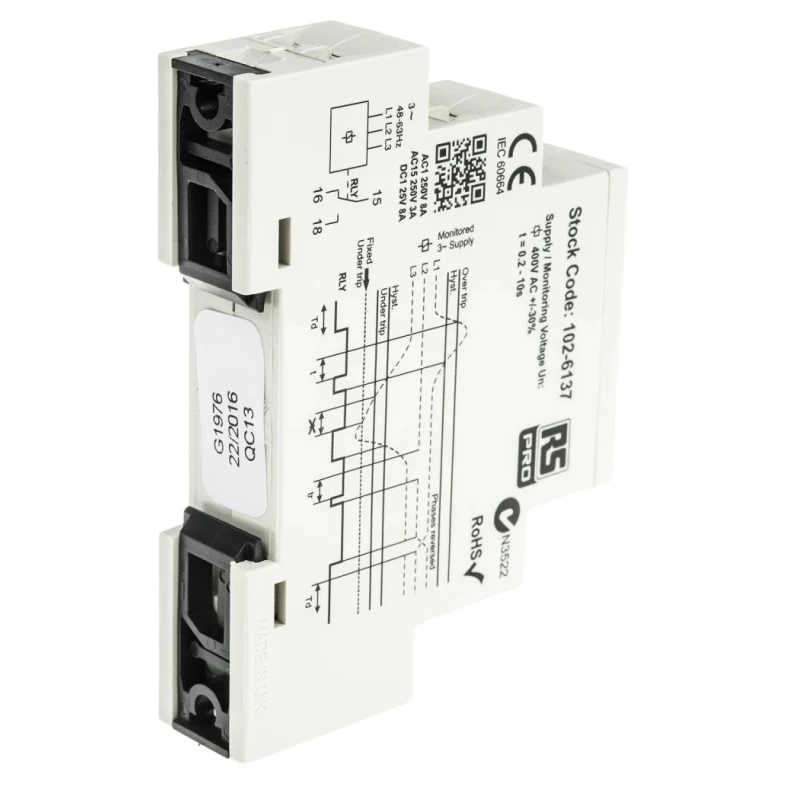 RS PRO 3 Phase Monitoring Relay 400 V AC Supply Voltage, SPDT Contact, DIN Rail Mount 102-6137