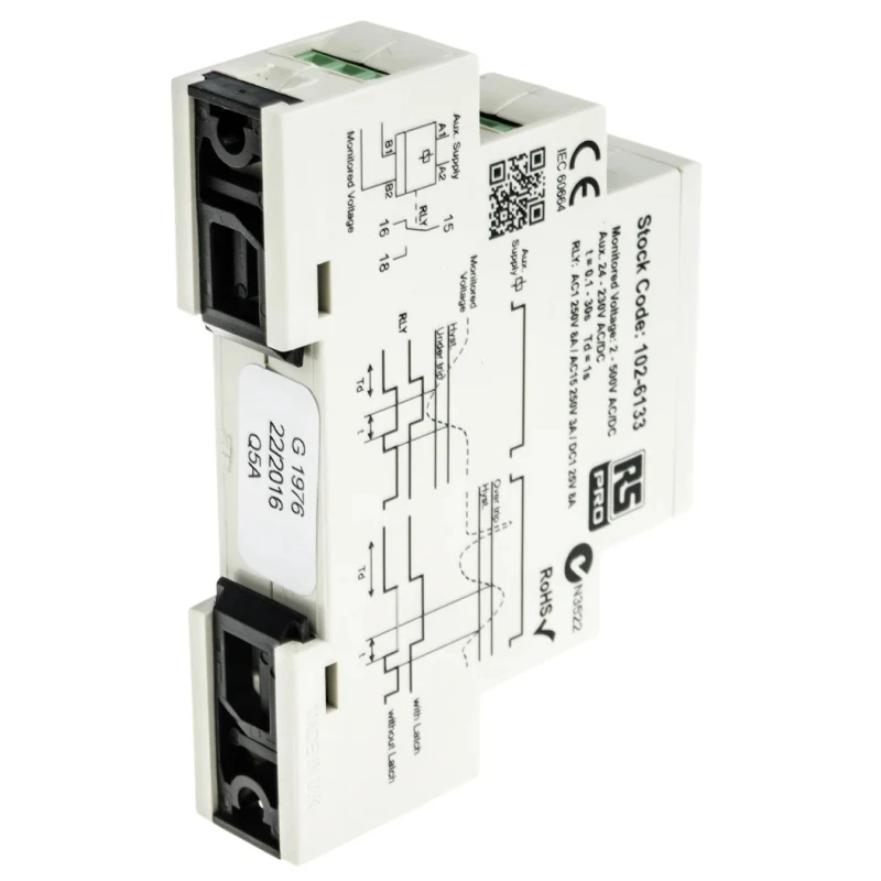 RS PRO Monitoring Relay, 1 Phase, Maximum 500 V Monitor Range, SPDT Contact, DIN Rail Mount, 230V AC, 24V AC 102-6133