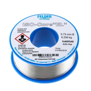 Felder Lottechnik Lead Solder Wire 0.75 mm Diameter Rosin Based Flux 183 °C Melting Point 250g 20.600.72037