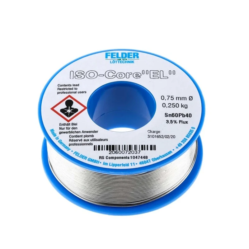 Felder Lottechnik Lead Solder Wire 0.75 mm Diameter Rosin Based Flux 183 °C Melting Point 250g 20.600.72037