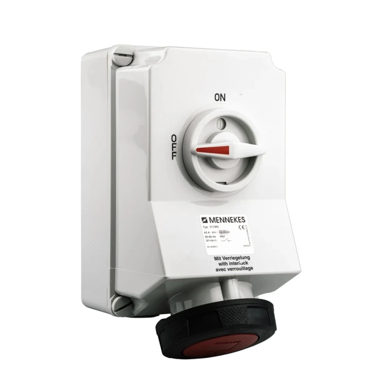 MENNEKES Socket Switchable IP67 3+N+E Earthing Position 6h Straight Industrial Interlock 63A 400V IP67 