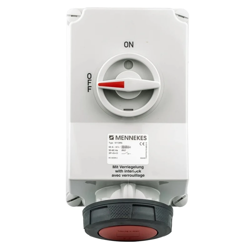 MENNEKES Socket Switchable IP67 3+N+E Earthing Position 6h Straight Industrial Interlock 63A 400V IP67 
