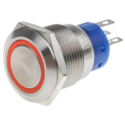 RS PRO Illuminated Push Button Switch Latching Panel Mount 19.2 mm Cutout SPDT Red LED IP67 250 V 5A 111-3766